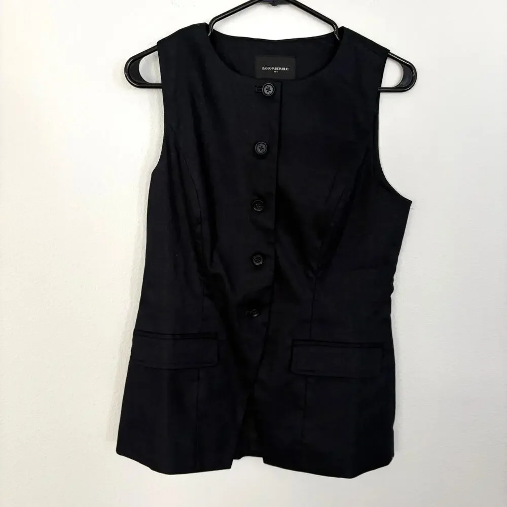 Banana Republic Factory Black Linen Blend Long Cutaway Vest (S) - Picture 2 of 7